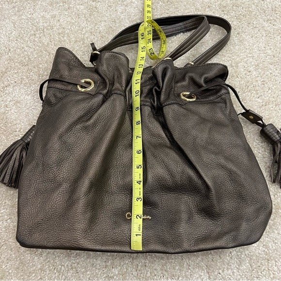 Cole Haan Womens Metallic Brown Leather Tassel Drawstring Satchel Handbag Bronze - Picture 5 of 16